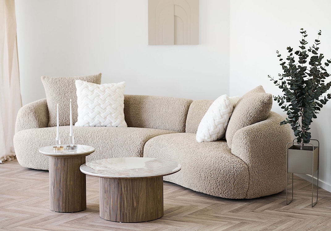 Stolik kawowy Athens okrągły 80 cm z okrągłą podstawą lamele jasny orzech ceramiczny blat  - zdjęcie 2