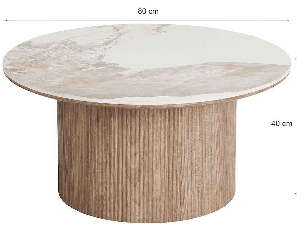 Stolik kawowy Athens okrągły 80 cm z okrągłą podstawą lamele jasny orzech ceramiczny blat  - zdjęcie 6