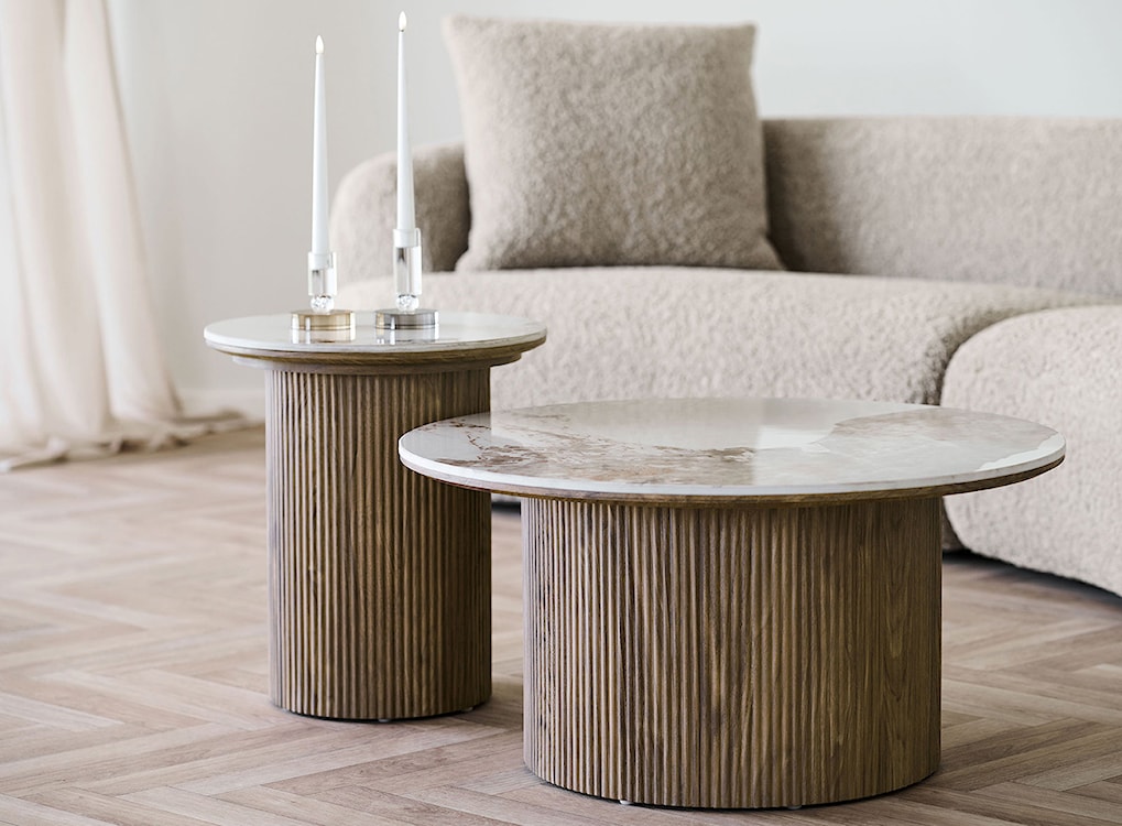 Stolik kawowy Athens okrągły 80 cm z okrągłą podstawą lamele jasny orzech ceramiczny blat  - zdjęcie 3