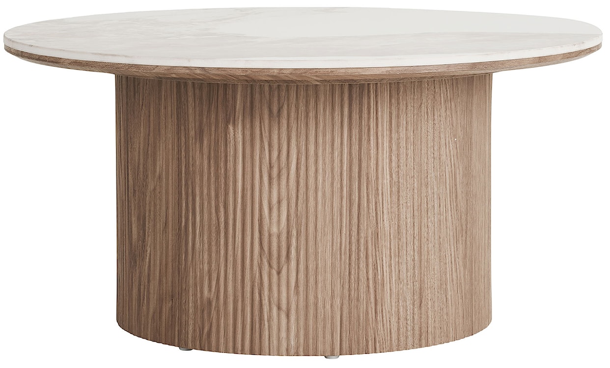 Stolik kawowy Athens okrągły 80 cm z okrągłą podstawą lamele jasny orzech ceramiczny blat  - zdjęcie 4