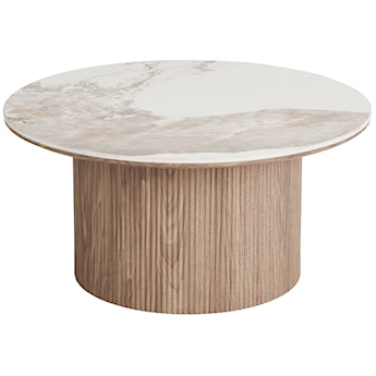Stolik kawowy Athens okrągły 80 cm z okrągłą podstawą lamele jasny orzech ceramiczny blat