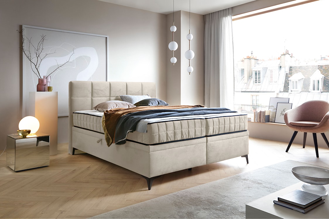 Łóżko kontynentalne 160x200 cm Beriano z pojemnikami i materacem jasnobeżowe welur  - zdjęcie 3