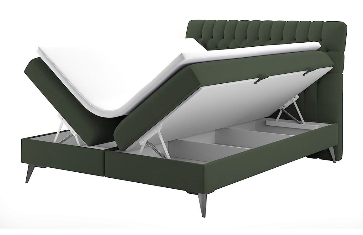 Łóżko kontynentalne 180x200 cm Rubeuz z pojemnikami i topperem oliwkowe welur hydrofobowy