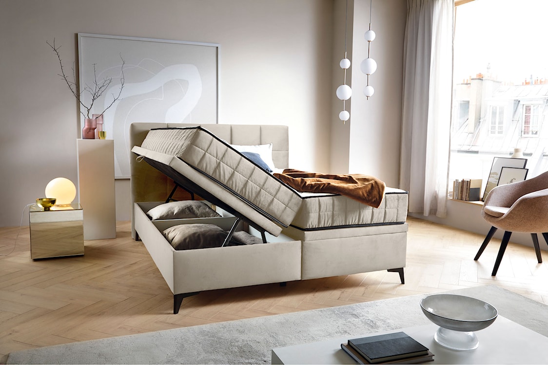 Łóżko kontynentalne 160x200 cm Beriano z pojemnikami i materacem jasnobeżowe welur  - zdjęcie 4
