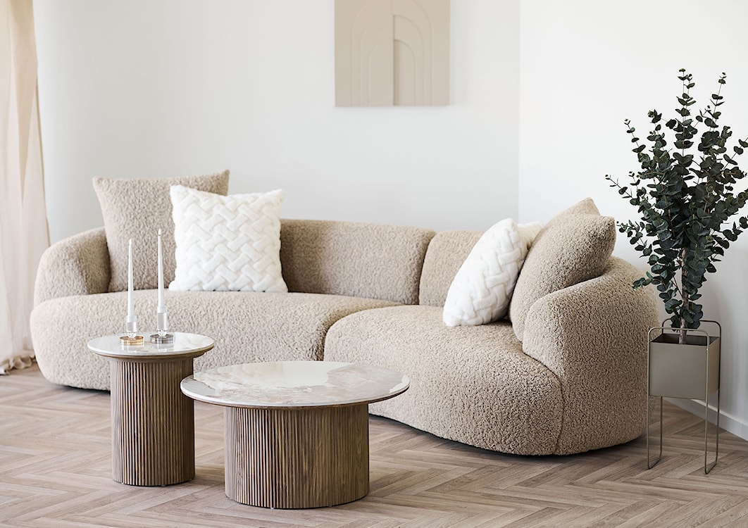 Stolik kawowy Athens okrągły 45 cm z okrągłą podstawą lamele jasny orzech ceramiczny blat  - zdjęcie 2