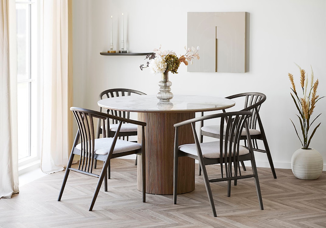 Stół okrągły do jadalni Athens 120 cm z okrągłą podstawą lamele jasny orzech ceramiczny blat  - zdjęcie 2