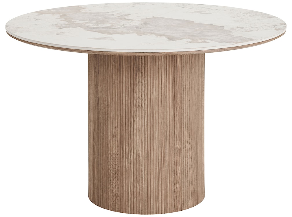 Stół okrągły do jadalni Athens 120 cm z okrągłą podstawą lamele jasny orzech ceramiczny blat 