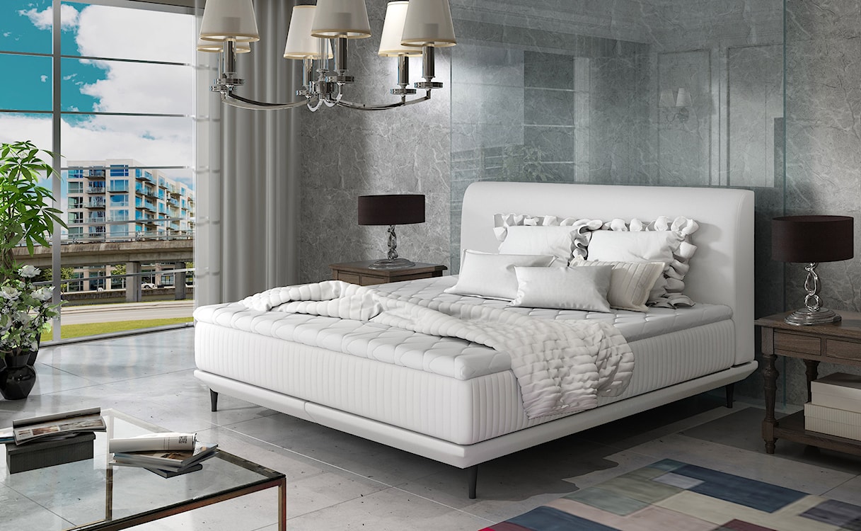 Łóżko tapicerowane Odelle 180x200 cm z materacem bonellowym i topperem białe ekoskóra  - zdjęcie 2