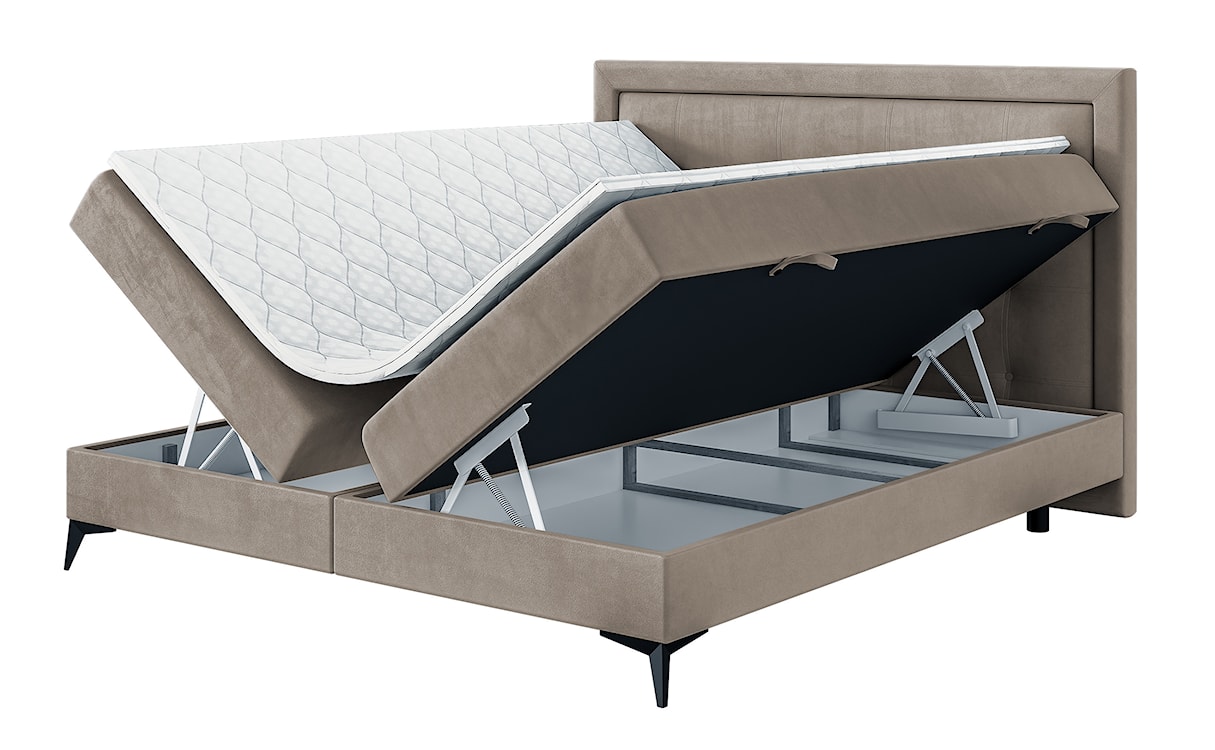 Łóżko kontynentalne 180x200 cm Fanone z pojemnikami i topperem beżowe welur hydrofobowy 