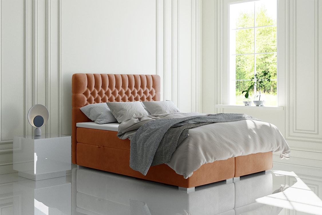 Łóżko kontynentalne 160x200 cm Persival z pojemnikami i topperem miedziane welur hydrofobowy  - zdjęcie 2