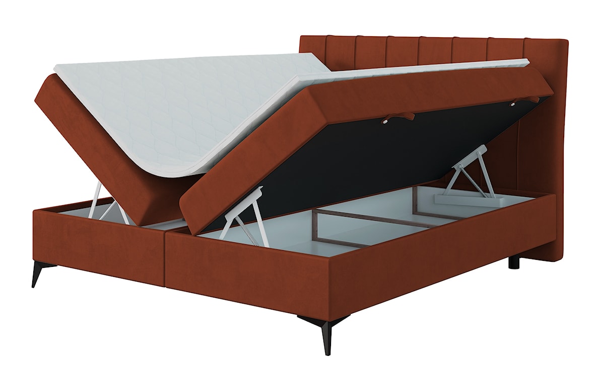 Łóżko kontynentalne 140x200 cm Arluno z pojemnikami i topperem miedziane welur hydrofobowy 