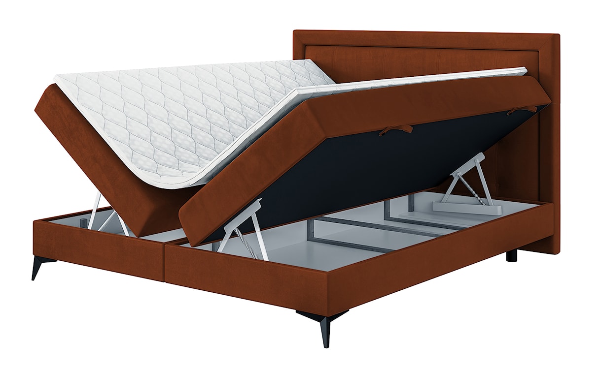Łóżko kontynentalne 180x200 cm Fanone z pojemnikami i topperem miedziane welur hydrofobowy 