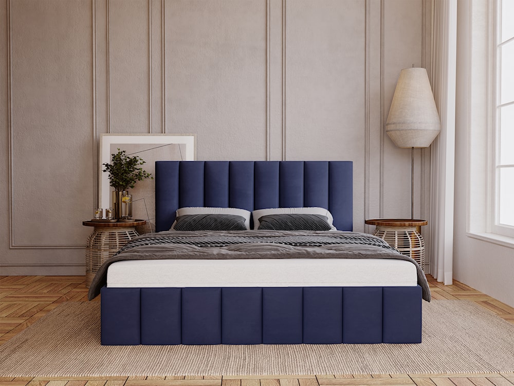 Łóżko tapicerowane 140x200 cm Buenio z pojemnikiem chabrowe velvet hydrofobowy  - zdjęcie 2