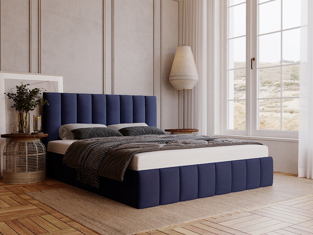 Łóżko tapicerowane 140x200 cm Buenio z pojemnikiem chabrowe velvet hydrofobowy  - zdjęcie 3