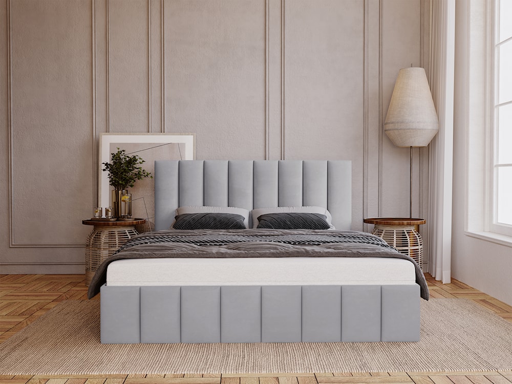 Łóżko tapicerowane 140x200 cm Buenio z pojemnikiem jasnoszare velvet hydrofobowy  - zdjęcie 2