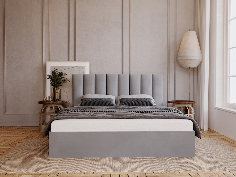 Łóżko tapicerowane 120x200 cm Sheerio z pojemnikiem jasnoszare velvet hydrofobowy  - zdjęcie 2