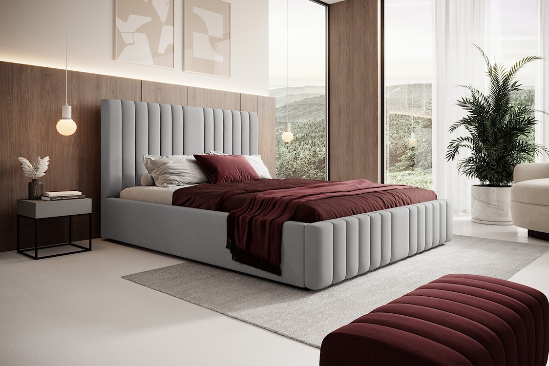 Łóżko tapicerowane 160x200 cm Rayas z pojemnikiem jasnoszare velvet hydrofobowy  - zdjęcie 3