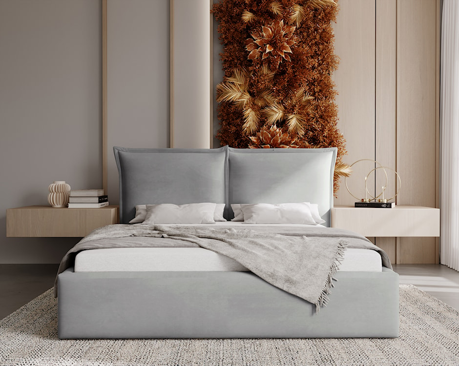 Łóżko tapicerowane 160x200 cm Fianno z pojemnikiem jasnoszare welur hydrofobowy  - zdjęcie 2