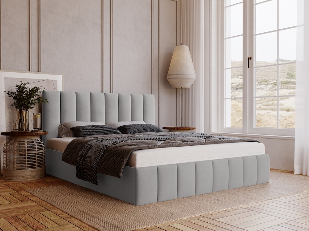 Łóżko tapicerowane 140x200 cm Buenio z pojemnikiem jasnoszare velvet hydrofobowy  - zdjęcie 3