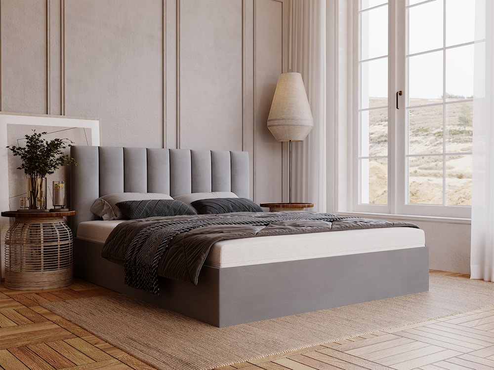 Łóżko tapicerowane 120x200 cm Sheerio z pojemnikiem jasnoszare velvet hydrofobowy  - zdjęcie 3