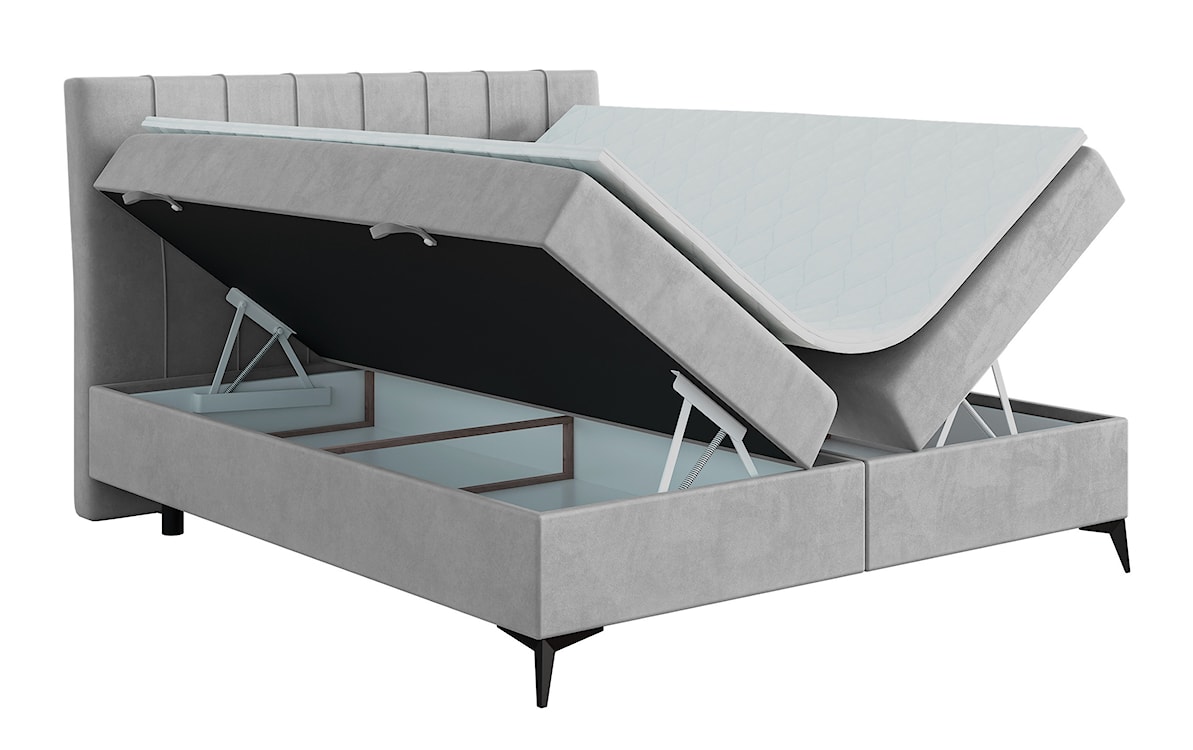 Łóżko kontynentalne 160x200 cm Arluno z pojemnikami i topperem jasnoszare welur hydrofobowy  - zdjęcie 4