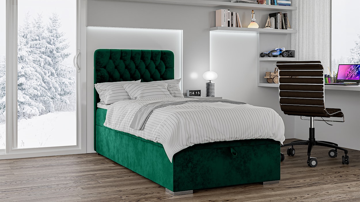 Łóżko kontynentalne 90x200 cm Persival z pojemnikiem i topperem zielone welur hydrofobowy  - zdjęcie 2