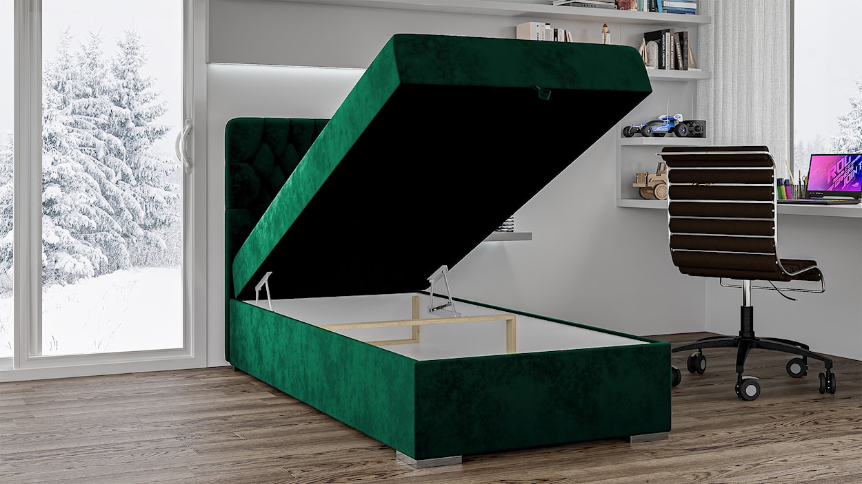 Łóżko kontynentalne 90x200 cm Persival z pojemnikiem i topperem zielone welur hydrofobowy  - zdjęcie 3