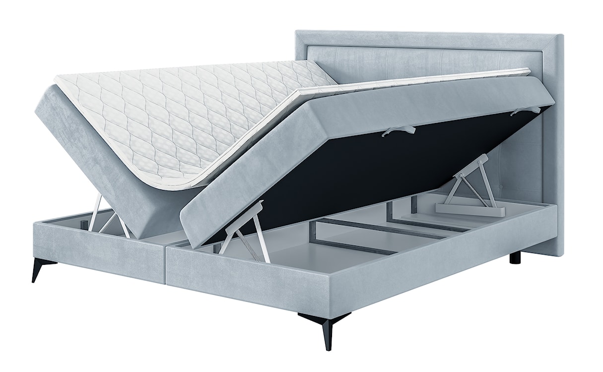 Łóżko kontynentalne 140x200 cm Fanone z pojemnikami i topperem błękitnoszare welur hydrofobowy 