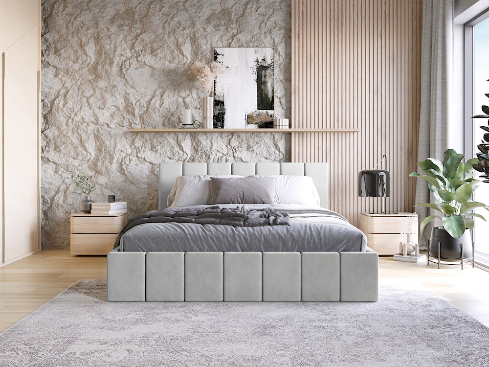 Łóżko tapicerowane 160x200 cm Vanimo jasnoszare z pojemnikiem stelaż drewniany  - zdjęcie 3