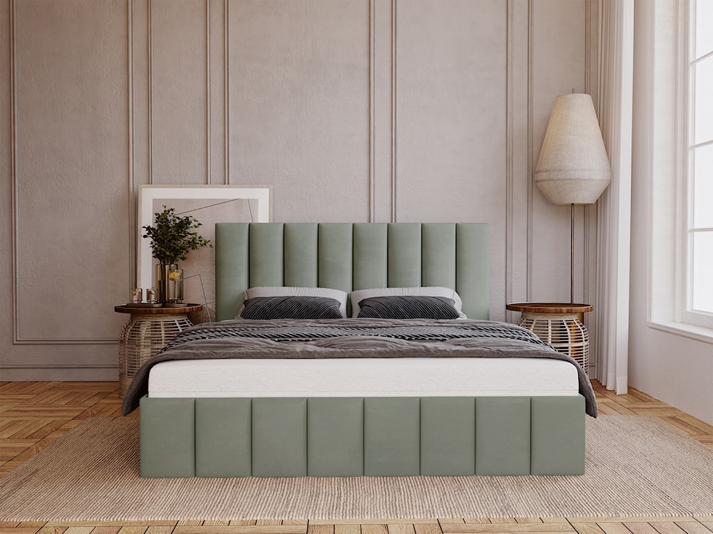 Łóżko tapicerowane 160x200 cm Buenio z pojemnikiem eukaliptusowe velvet hydrofobowy  - zdjęcie 2