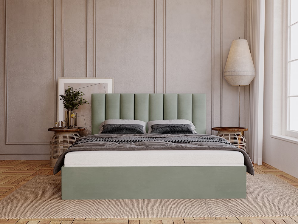 Łóżko tapicerowane 140x200 cm Sheerio z pojemnikiem eukaliptusowe velvet hydrofobowy  - zdjęcie 2