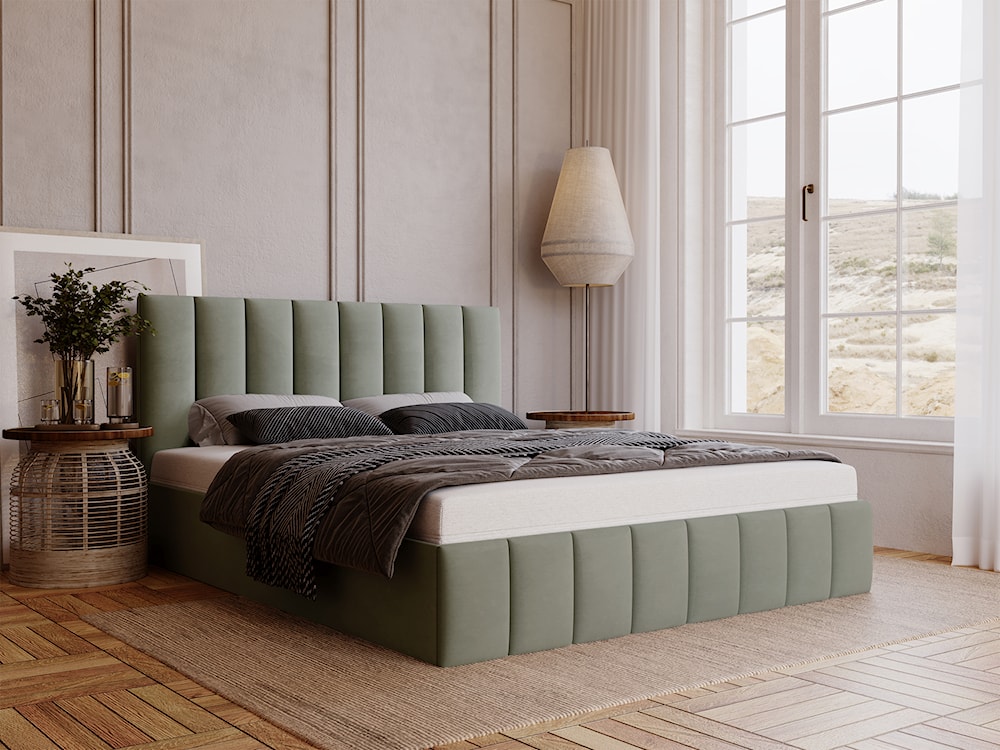 Łóżko tapicerowane 120x200 cm Buenio z pojemnikiem eukaliptusowe velvet hydrofobowy  - zdjęcie 3
