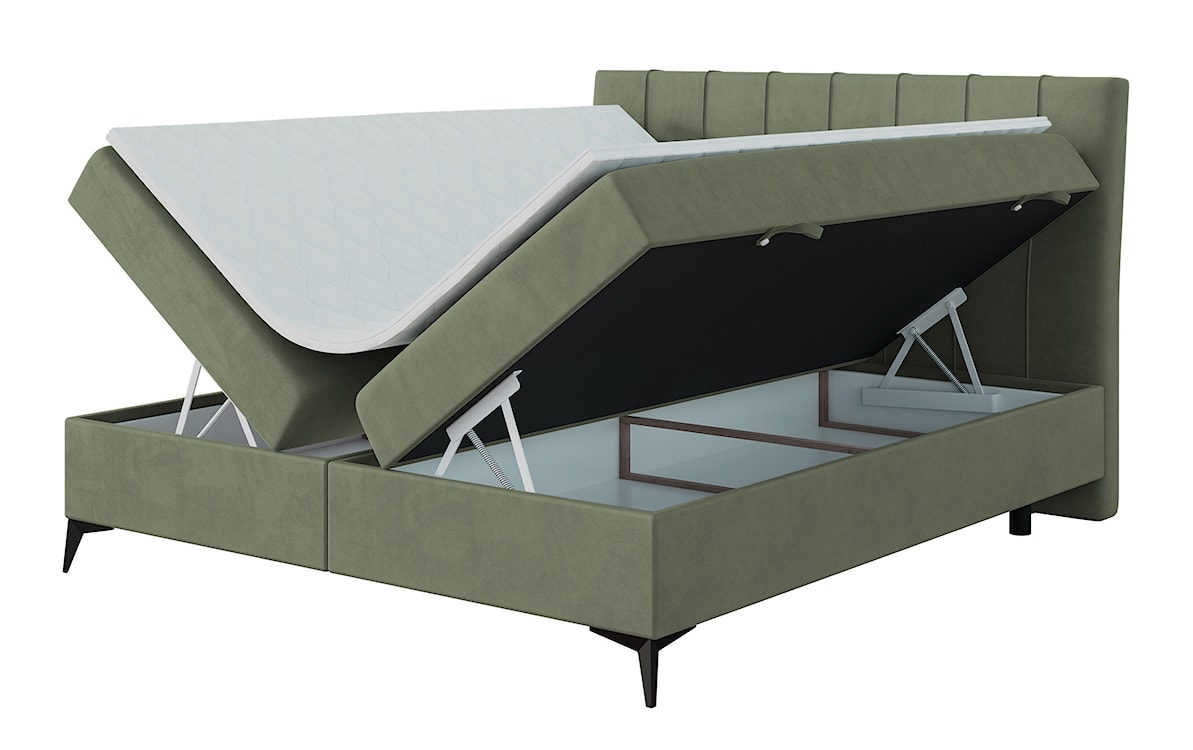 Łóżko kontynentalne 160x200 cm Arluno z pojemnikami i topperem oliwkowe welur hydrofobowy 