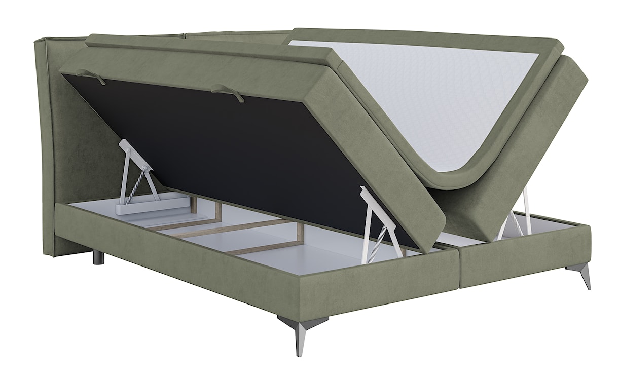 Łóżko kontynentalne 180x200 cm Esteiro z pojemnikami i topperem oliwkowe welur hydrofobowy  - zdjęcie 4