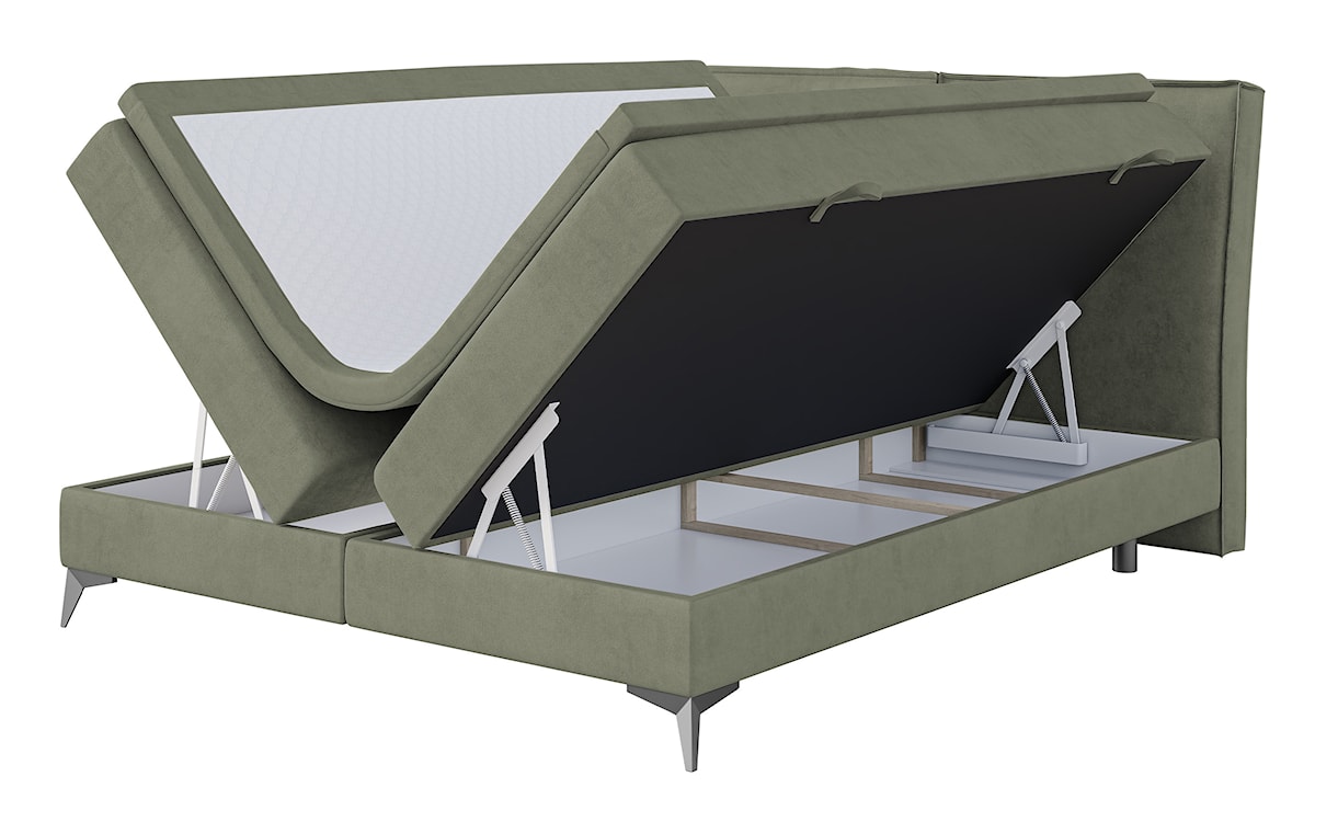 Łóżko kontynentalne 180x200 cm Esteiro z pojemnikami i topperem oliwkowe welur hydrofobowy