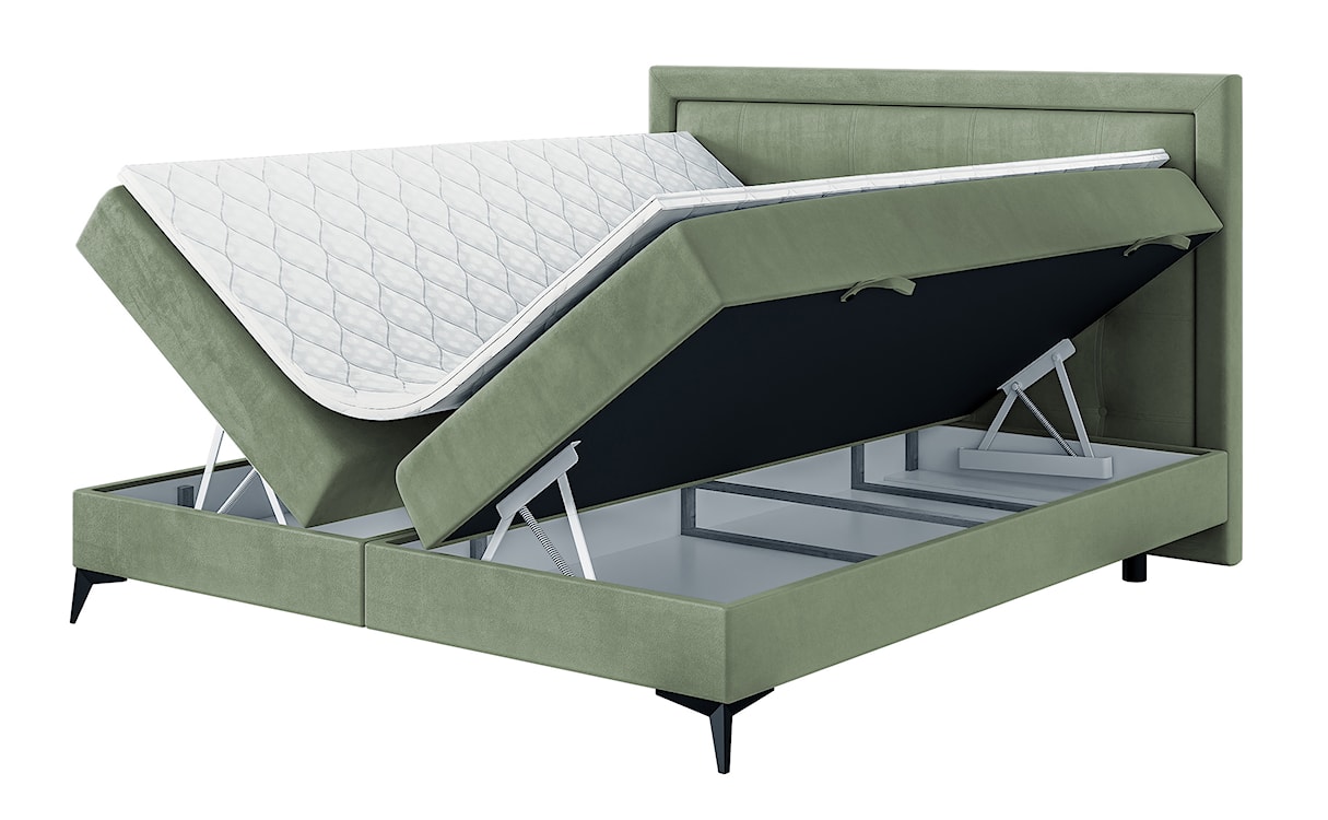 Łóżko kontynentalne 160x200 cm Fanone z pojemnikami i topperem oliwkowe welur hydrofobowy 