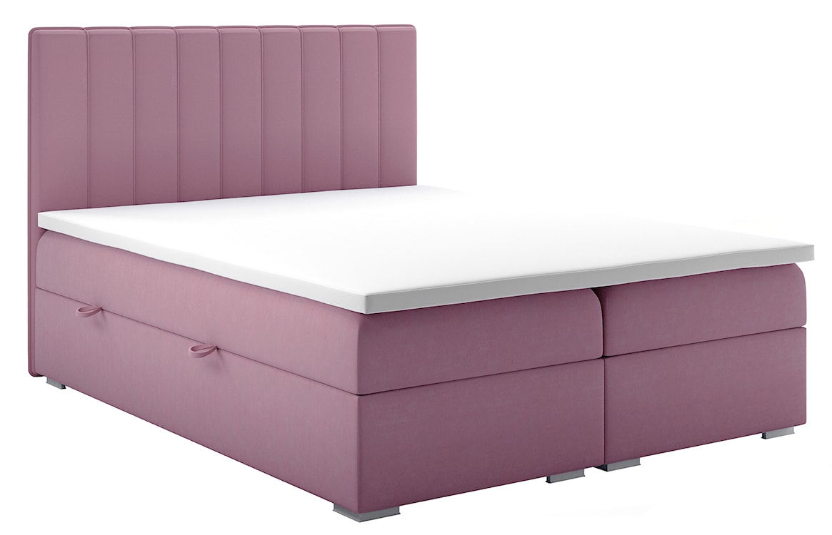 Łóżko kontynentalne 140x200 cm Hunbert z pojemnikami i topperem różowe welur hydrofobowy