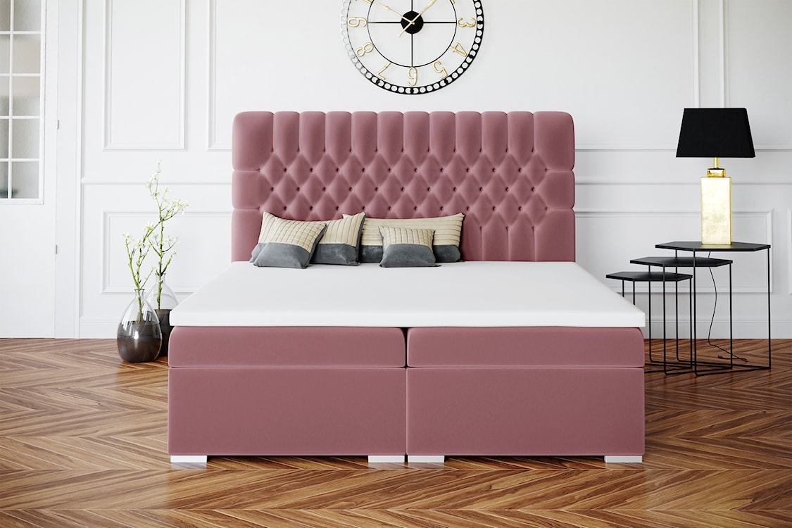 Łóżko kontynentalne 120x200 cm Persival z pojemnikami i topperem różowe welur hydrofobowy  - zdjęcie 4