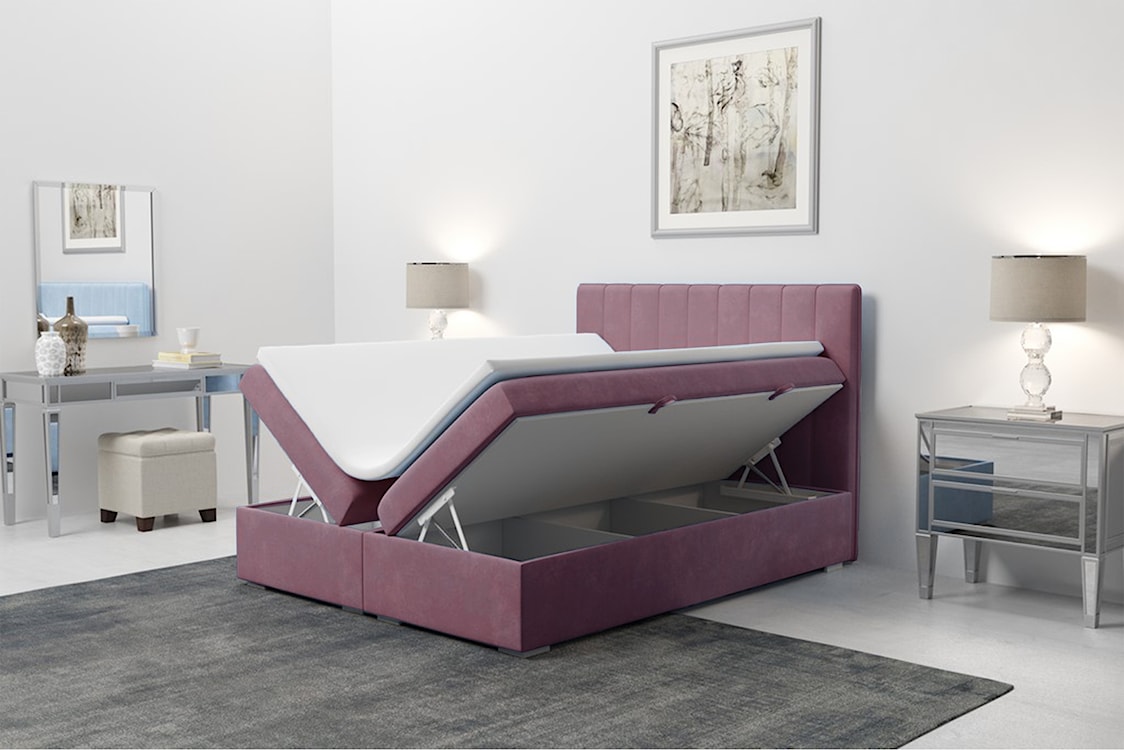 Łóżko kontynentalne 180x200 cm Hunbert z pojemnikami i topperem różowe welur hydrofobowy  - zdjęcie 4