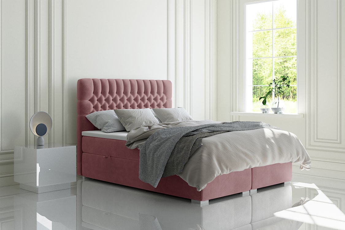 Łóżko kontynentalne 120x200 cm Persival z pojemnikami i topperem różowe welur hydrofobowy  - zdjęcie 2