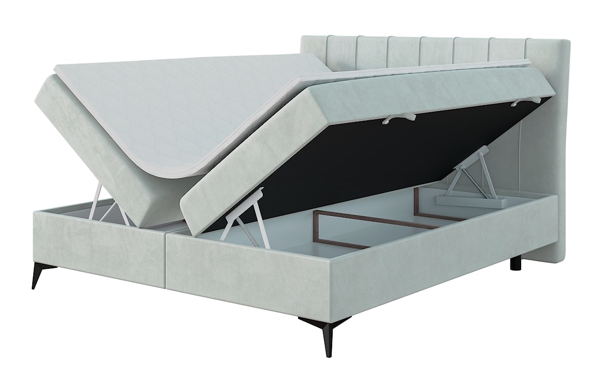 Łóżko kontynentalne 140x200 cm Arluno z pojemnikami i topperem miętowe welur hydrofobowy 