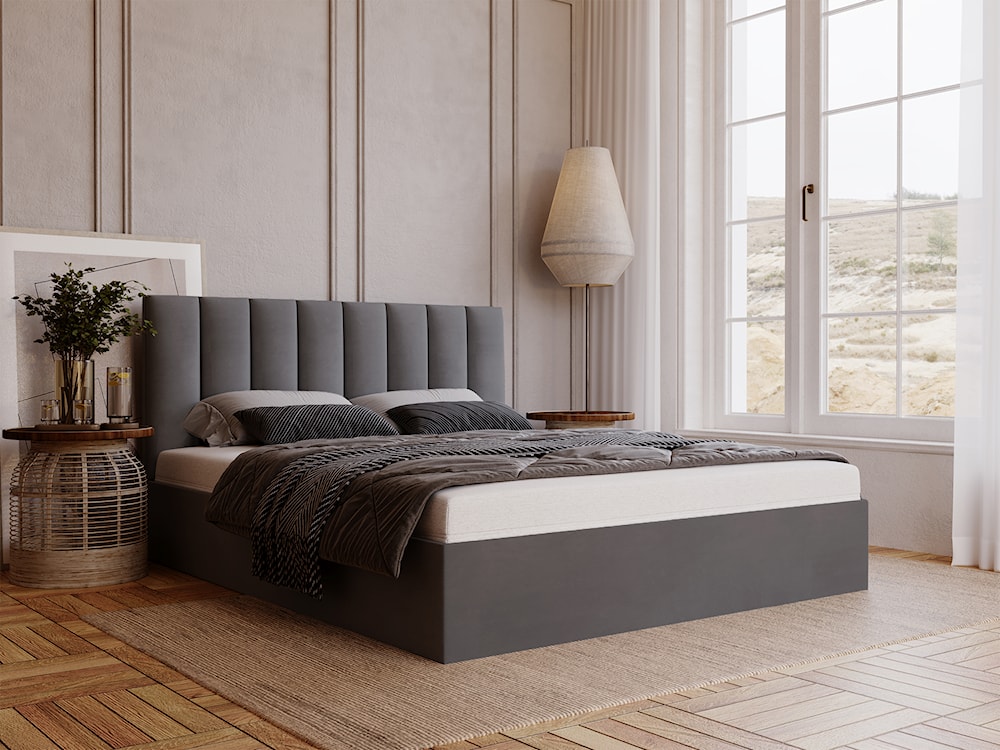 Łóżko tapicerowane 120x200 cm Sheerio z pojemnikiem ciemnoszare velvet hydrofobowy  - zdjęcie 3