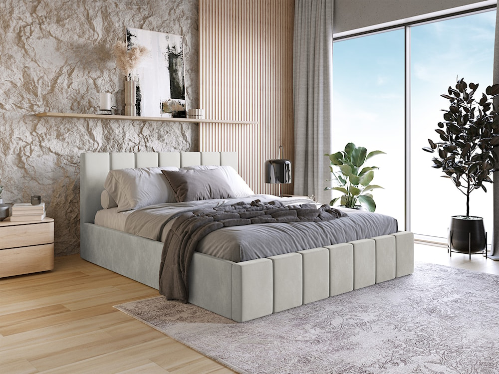 Łóżko tapicerowane 140x200 cm Vanimo szarobeżowe z pojemnikiem stelaż drewniany  - zdjęcie 2