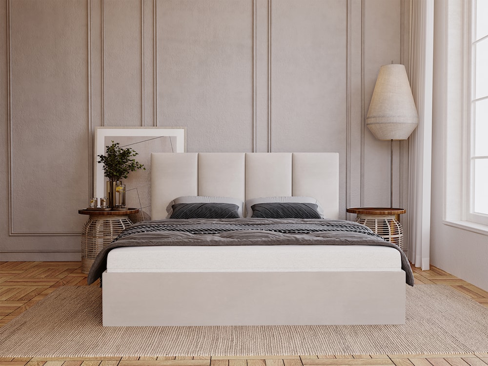 Łóżko tapicerowane 120x200 cm Drimmi  z pojemnikiem szarobeżowe velvet hydrofobowy  - zdjęcie 2