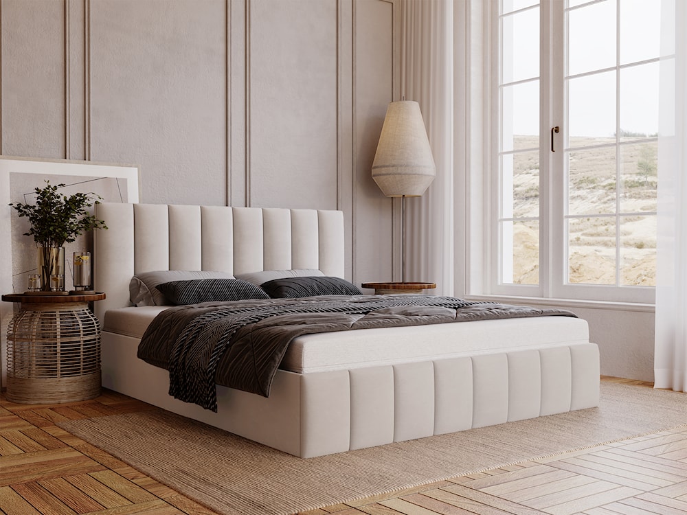 Łóżko tapicerowane 120x200 cm Buenio  z pojemnikiem szarobeżowe velvet hydrofobowy  - zdjęcie 3