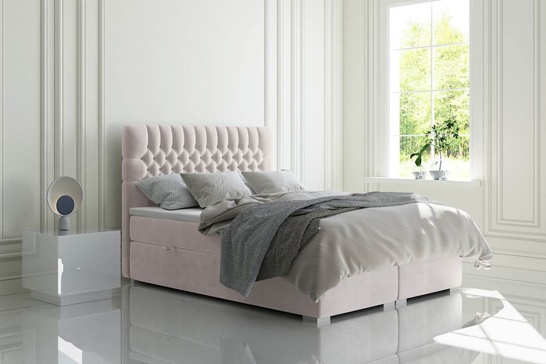 Łóżko kontynentalne 120x200 cm Persival z pojemnikami i topperem szarobeżowe welur hydrofobowy  - zdjęcie 2