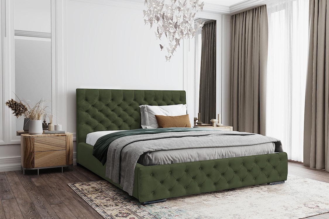Łóżko tapicerowane 160x200 cm Chestello zielone z pojemnikiem stelaż metalowy podnośnik gazowy  - zdjęcie 2