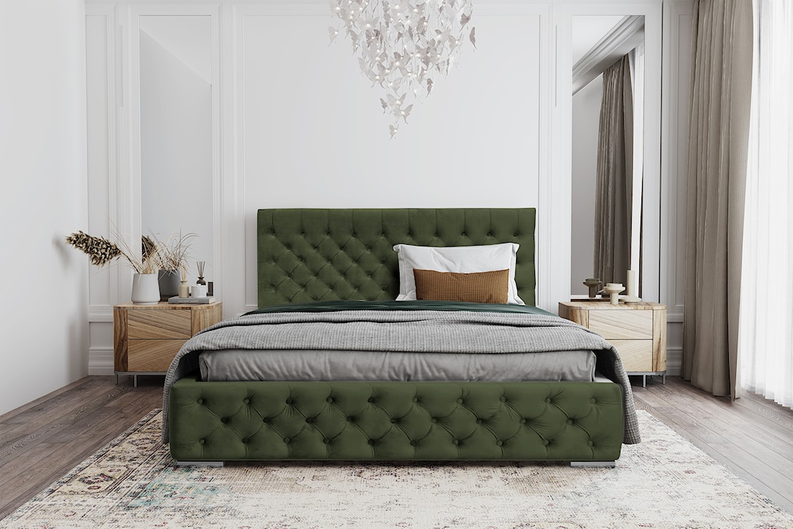 Łóżko tapicerowane 160x200 cm Chestello zielone z pojemnikiem stelaż metalowy podnośnik gazowy  - zdjęcie 3