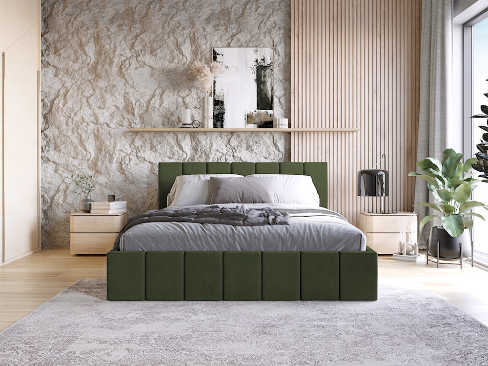 Łóżko tapicerowane 140x200 cm Vanimo zielone z pojemnikiem stelaż drewniany  - zdjęcie 3