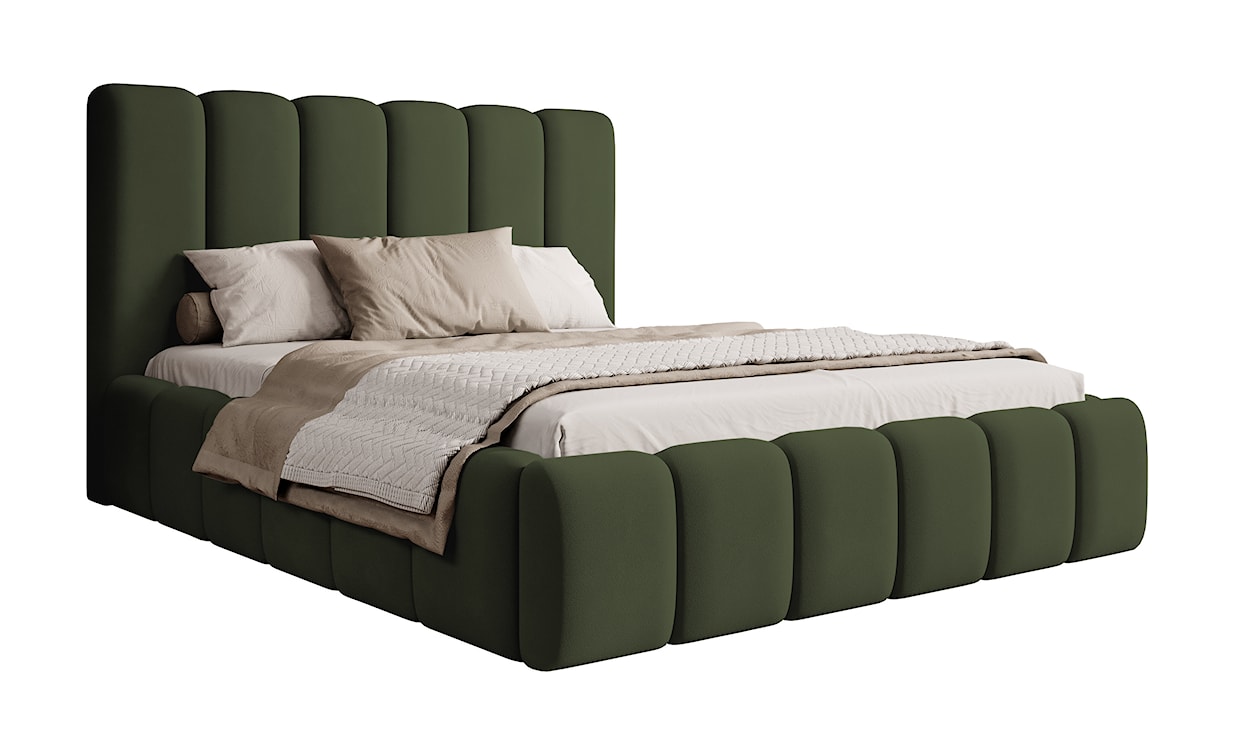 Łóżko tapicerowane 140x200 cm Biscottino zielone z pojemnikiem stelaż metalowy podnośnik gazowy